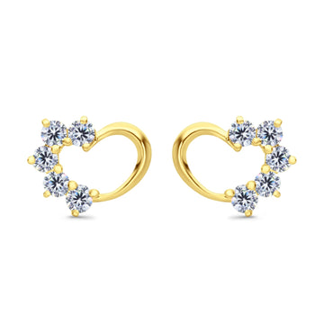 Solid 14K Yellow Gold Heart Stud Earrings Simulated Cubic Zirconia with Screw Back